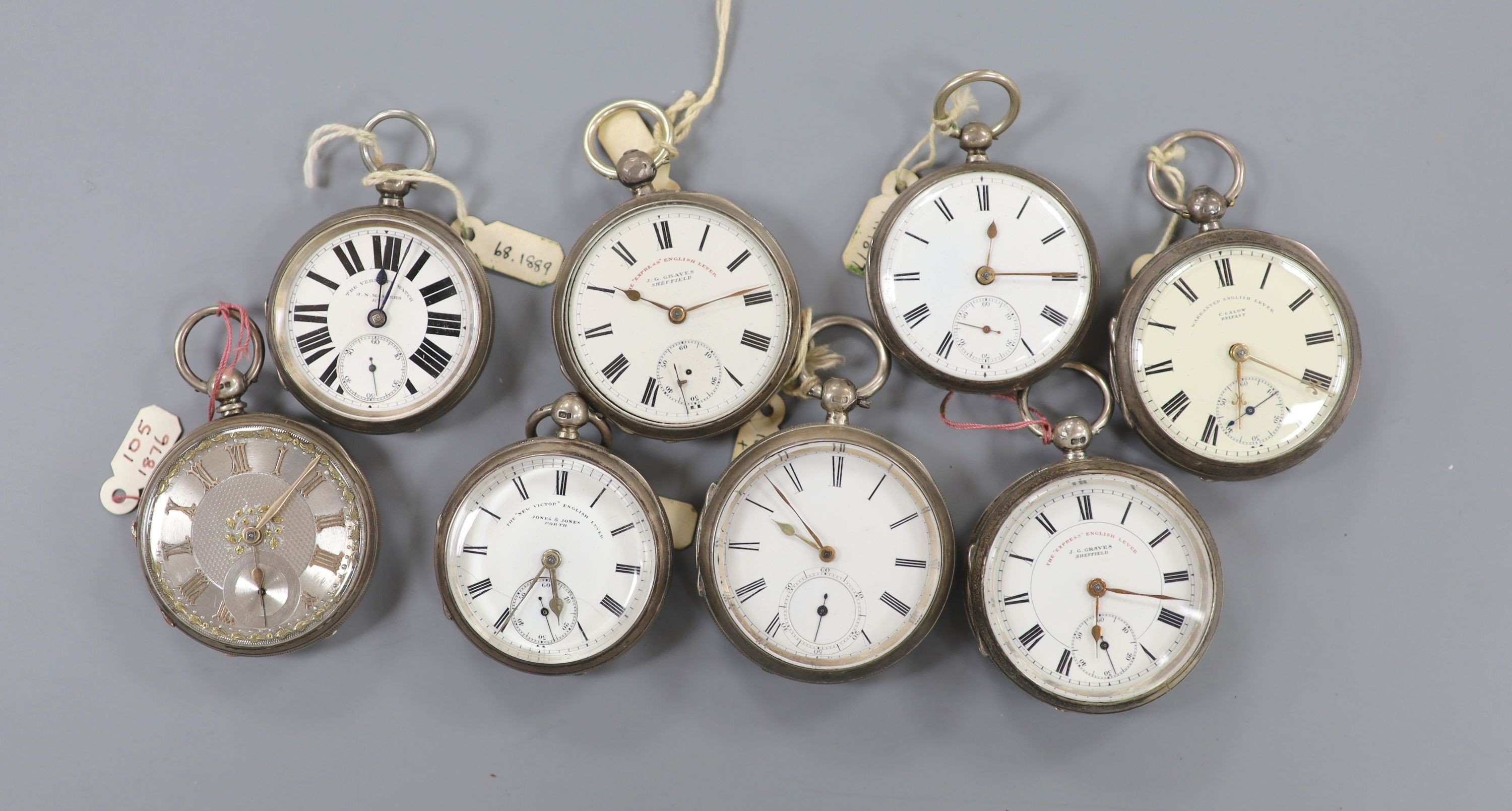 Six assorted 19th century silver keyless verge pocket watches, including Graves, Sheffield.